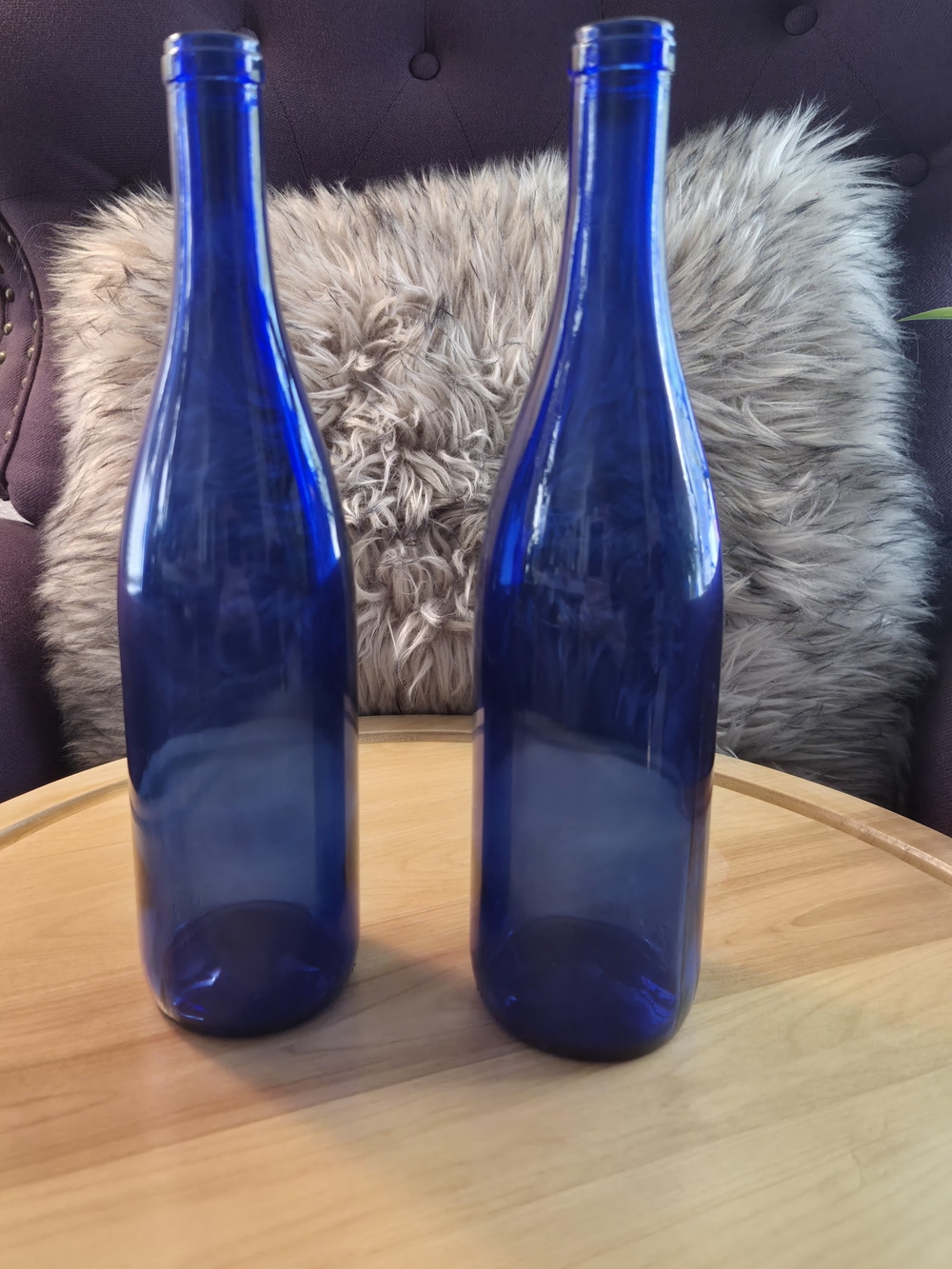 VTG Colbalt Blue Wine Glass Bottles Set of 2 Signed "VE"